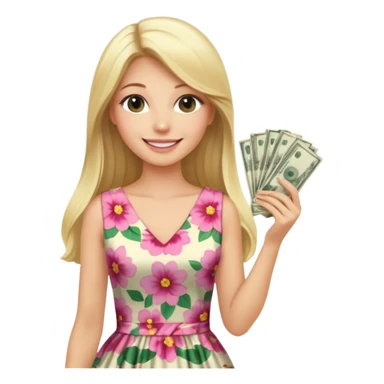 rich long straight hair blonde australian millionare woman holding a lot of money wearing cute floral dress sticker