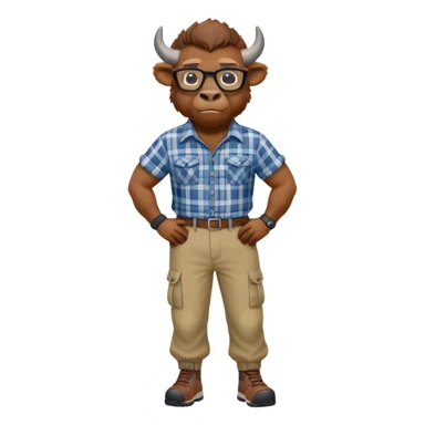 friendly anthropomorphised bison in cargo pants and plaid shirt, wearing glasses, jogging upright, relaxed pose sticker
