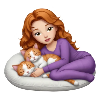 girl with long wavy brown hair, long lashes makeup, sexy pink lips, light to medium complexion,  sleeping on a cozy pillow, with 6 cats: 1 ginger/white, 1 grey with white paws, 1 calico, 2 grey and white and one tabby and white sticker