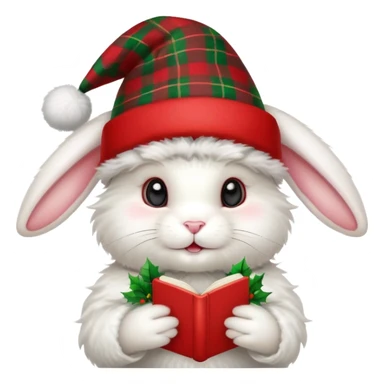 fluffy white angora rabbit wearing red and green plaid Christmas hat held in hands sticker