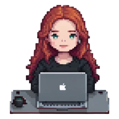 white-skinned red-haired woman using a MacBook, pixel art style sticker