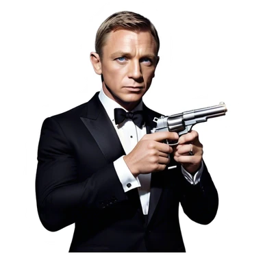 Cinematic Realistic James Bond Daniel Craig Portrait Emoji, depicted as the ultimate suave and enigmatic secret agent, donning a sharply tailored tuxedo, gripping a sleek handgun, with a piercing gaze that exudes confidence and danger. The scene is infused with moody, high-contrast cinematic lighting, evoking the thrilling world of espionage and intrigue. sticker