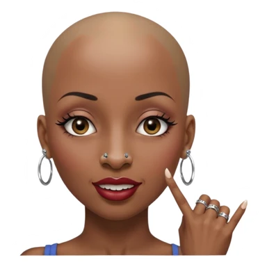 Grown black (proud) woman, bald with a perfect head, a prominent nose with a septum piercing, many piercings on her ears, a gap between her front teeth and very long nails (cynthia erivo) a proud lesbian, with long lashes and her finger tapping the top of her head sticker