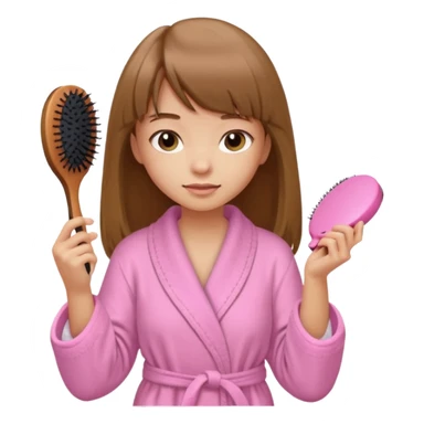a girl with light skin and medium brown long hair with bangs who is brushing her hair with a hairbrush and she is wearing a light pink bathrobe sticker