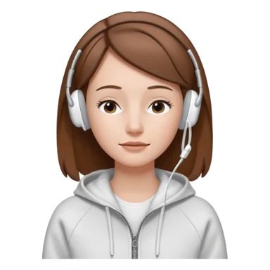 A clean, minimal emoji-style illustration of a white girl with brown hair worn loose. Her eyes are closed while listening to music with silver AirPods Max. She’s wearing a white zip-up hoodie. Smooth 3D emoji style, soft lighting, neutral tones. sticker