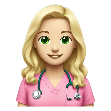 pale blonde girl with long wavy hair and green eyes wearing pink scrubs and stethoscope  sticker