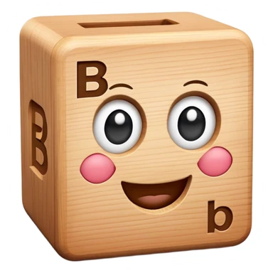 A wooden letter B block toy with adorable eyes and a happy expression sticker