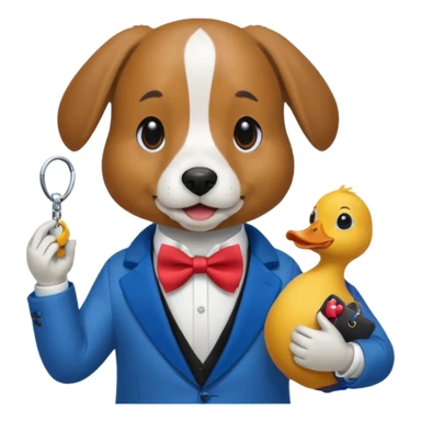 A dog holding keys in one hand and a duck in the other, all with a half-red, half-blue bow tie. sticker
