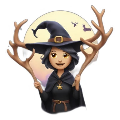 Witch with deer-antlers flying in sky sticker