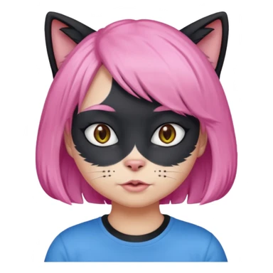 Black cat wearing a pink hair wig, blue T-shirt sticker