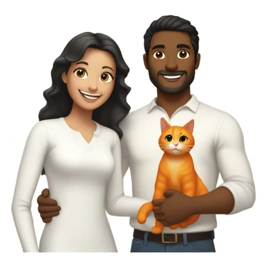 a happy light-brown woman with black hair and a happy brown man with brown hair in white long sleeve are family and holding an orange cat sticker