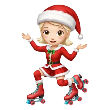 Create an emoji-style illustration of a female roller skater wearing roller skates and a Mrs. Claus (Mama Noel) outfit. The style should be cute, expressive, colorful, and clear at small sizes, with simple lines, soft shading, and a festive Christmas vibe. sticker