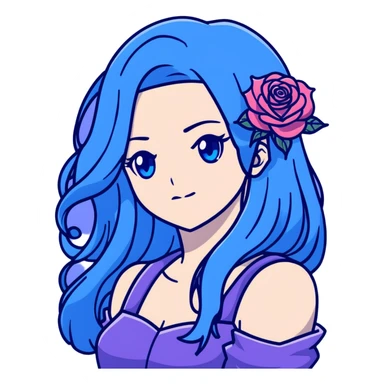 head portrait of anime girl with long dark blue hair, blue rose in hair, blue eyes, JoJo's Bizarre Adventure art style, dramatic look, head only sticker