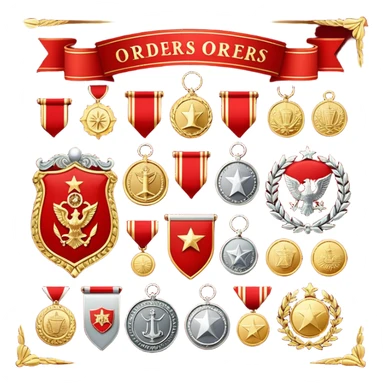 Icon for Collecting Orders, Medals & Badges: a variety of vintage orders, medals and badges, displayed neatly on a big red pennant. The icon should reflect the honor and historical significance of these collectible items. Transparent background. sticker