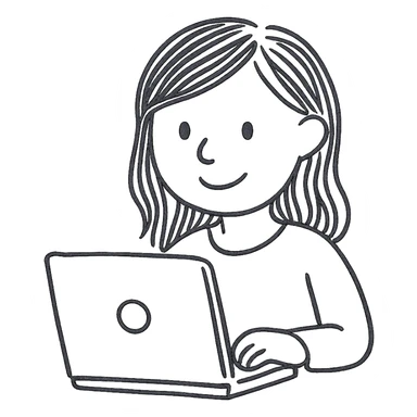 white girl with brown hair using a laptop, hand-drawn style, black outlined hand drawn icon sticker