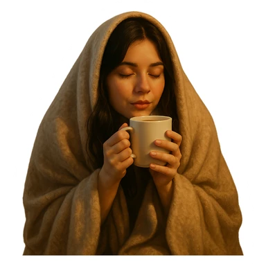girl brunette inside a blanket sipping coffee, eyes closed, cozy and warm atmosphere, variation 4 sticker