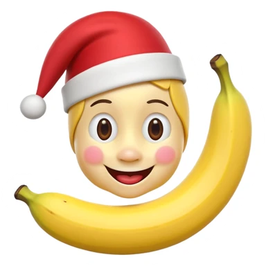 A 3D cartoon peeled banana with a red nose and tiny hat, smiling face, playful pose, Memoji-style. sticker