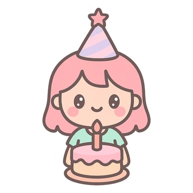 a girl wearing a birthday cap with a cake in front sticker