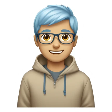 boy wearing a blue hoodie with light brown short hair wearing grey glasses and he has a cute smile, light blue eyes and he's surrounded by heart  sticker