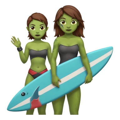 orc female holds a little surfboard with a shark painted vertically in his hands sticker