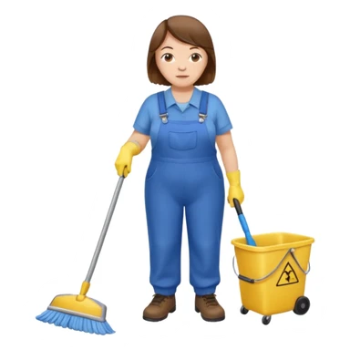 old and fat women, brown hair, Custodian with yellow rubber gloves, white T-shirt, blue overalls, mopping floor sticker