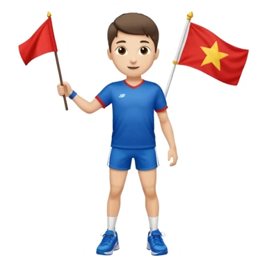 A boy in a jersey, excitedly lifting a small handheld flag and shorts with simple sport shoes sticker
