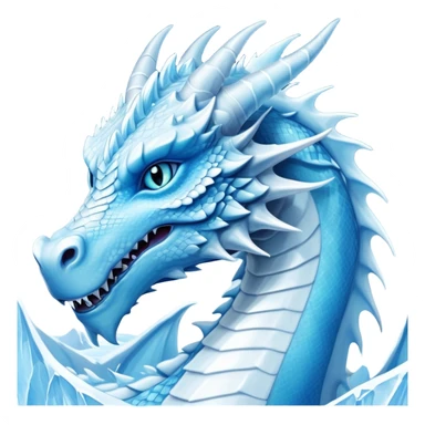 Cinematic Noble wise elegant Ice Dragon Portrait Emoji, Poised and imposing, distinct long elegant snout, with a slender, scaled body shimmering in glacial hues of icy blue, frostbitten silver, and crystalline white, breathing out frost, with piercing, glowing ice blue white eyes that radiate the chilling depths of an arctic storm; rendered in detail. excuding wisdom sticker