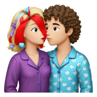 Blonde straight hair girl and dark brown curly haired boy kissing in pajamas sticker
