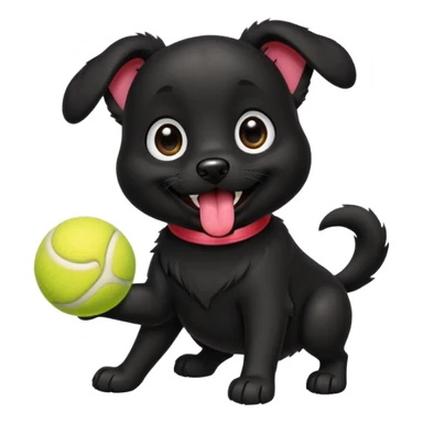 Cute emoji-style illustration of a happy black dog playing with a tennis ball, shiny black fur, joyful expression with tongue out, big expressive eyes, playful pose, vibrant colors, smooth clean lines, high resolution, sticker-style, transparent background sticker