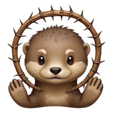 cute otter portrait with thin horizontal thorny branch circling only the forehead, exactly like Jesus Christ's Crown of thorns, no crown shape on top, no metal, just a single wooden thorny stem wrapped horizontally sticker