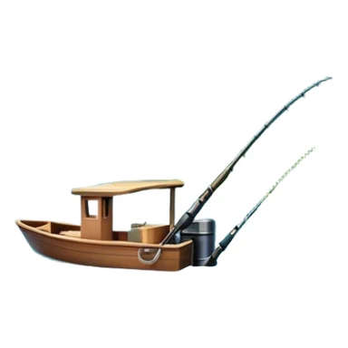 Icon for Fishing Travel: a boat on a calm lake surrounded by mountains and lush greenery, with fish jumping out of the water, a fishing rod, tackle box. The icon should capture the peaceful and adventurous nature of fishing trips. Transparent background. sticker