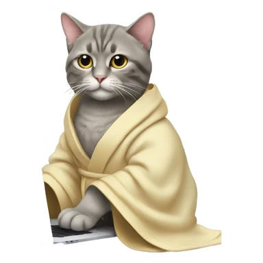 cat with robe and a macbook sticker