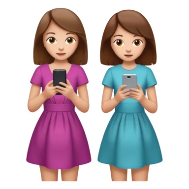 two brown haired girls, looking professional maybe leaned on each others back and looking forward and using phones, with longer hair and with some cute clothes without ties maybe dresses, one girl can hold lap top another one can hold the phone sticker
