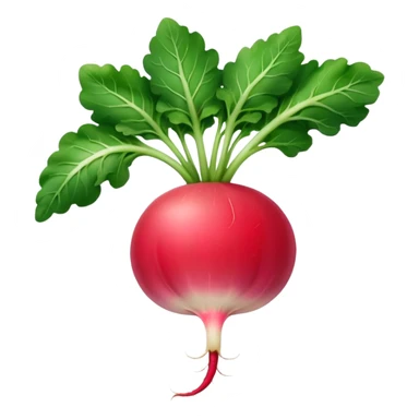 whole radish, round, vibrant pink-red, short white root tip, smooth glossy skin, crisp, bright green leafy tops, no dirt, no slicing, no extras, soft lighting, emoji scale sticker