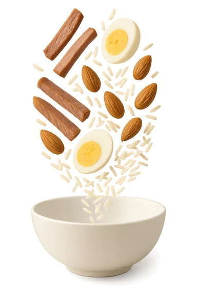 bowl bianca in cui cadono verticalmente fettine di carne, uova sode, mandorle e riso basmati sticker