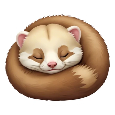 Meme-Worthy Cute Sleeping Ferret Portrait Emoji, Head resting peacefully with a contented smile, showcasing a long, flexible body curled up in cozy repose, luxuriously soft fur in warm brown and cream, and eyes gently closed in serene slumber, Simplified yet hilariously adorable features, highly detailed, glowing with a soft, drowsy natural light, high shine, relaxed and utterly lovable, stylized with an air of playful laziness, bright and heartwarming, soft glowing outline, capturing the essence of a sleeping ferret that feels destined to become the next viral sensation of adorable rest! sticker