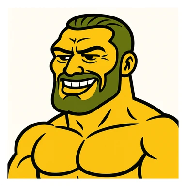 Create a gigachad emoji inspired by the reference image of a muscular man with a chiseled jawline and confident smile, in the style of the green bufo frog meme. The emoji should be simplified and expressive, capturing the essence of the bufo frog meme style. sticker