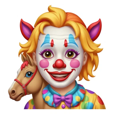 a crying but smiling and showing a peace sign clown face riding a horse sticker