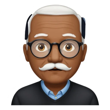 an elderly man with medium-dark skin tone, bald on top with short white hair at the sides, thick white eyebrows, large brown eyes, and wears black-framed glasses.
A small white mustache sits above his mouth sticker