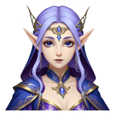 Cinematic Realistic WoW Elf Mage Portrait, depicted with ethereal, otherworldly beauty and refined arcane mastery. Clad in an intricately detailed robe in consistent deep blues and purples accented with shimmering gold filigree, her luminous, porcelain-like skin and delicate features evoke timeless elegance. Her piercing, mystical eyes radiate ancient wisdom, rendered with lifelike texture and subtle, magical lighting, high shine, noble and majestic, capturing the essence of a legendary elven sorceress. sticker