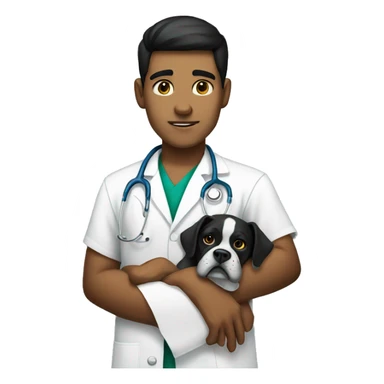 Young Mexican doctor with big black boxer dog with white face sticker