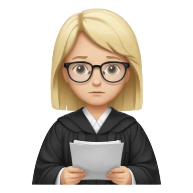 Young judge, blonde hair with glasses and robe, hold a paper sticker