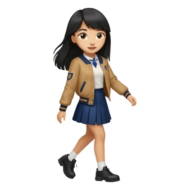 black color long hair with fringe, light skin long hair girl with brown varsity jacket,  navy long skirt walking

 sticker