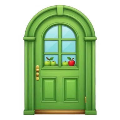 A wooden green door emoji in the style of Apple emoji with a handle and a window and a different color sticker