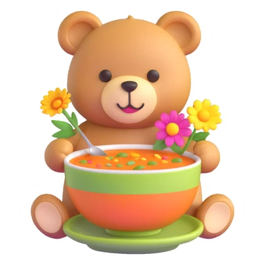 teddy bear with soup and flower sticker