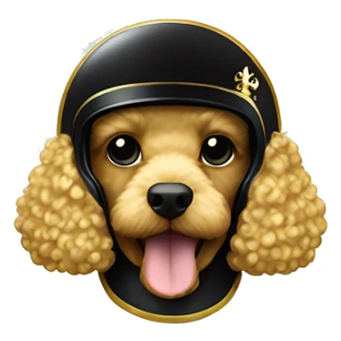 Gold poodle wearing a black football helmet with gold stripe and gold fleur de lis emblem sticker