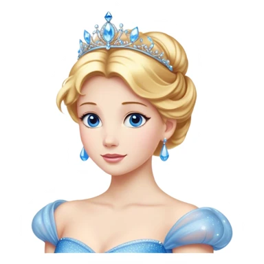 Cinematic Stunning Cinderella Portrait Emoji, Radiant in her sparkling blue ball gown, golden hair in a perfect updo, soft blue eyes full of wonder, glistening tiara, glowing with an ethereal beauty, regal yet kind, a dreamlike aura surrounds her, capturing the essence of a fairy tale princess, elegant and breathtaking! sticker