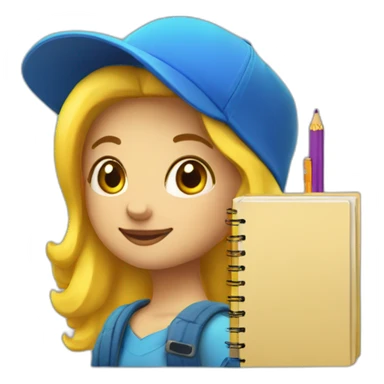 a girl with yellow hair in a blue hat with a yellow mallow holds a pen and a notebook in her hand sticker