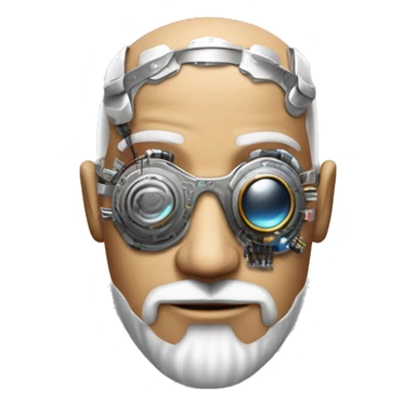 Tan bald male Latino cyborg head with grey beard, silver steampunk monocle goggles and circuits sticker