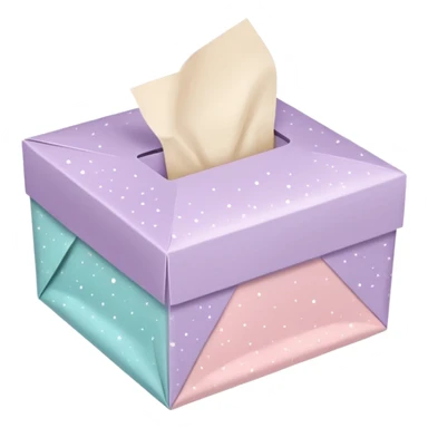 Cute emoji-style illustration of a small aesthetic packaging box with tissue paper and sparkles, pastel neutral tones, minimal design, clean background. sticker